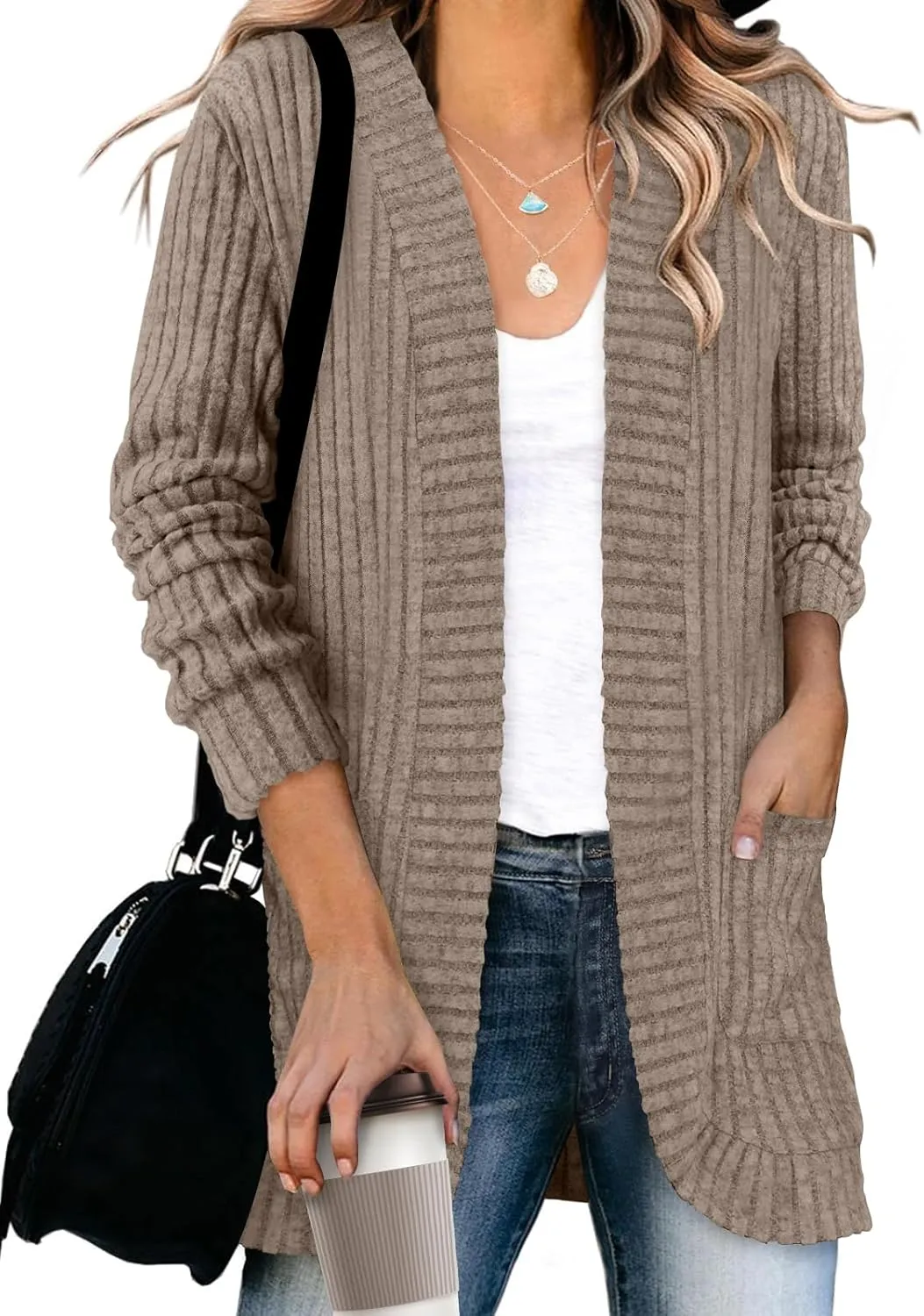 DB MOON Womens Long Cardigan Lightweight Sweater Open Front Long Sleeve Outfits with Pockets