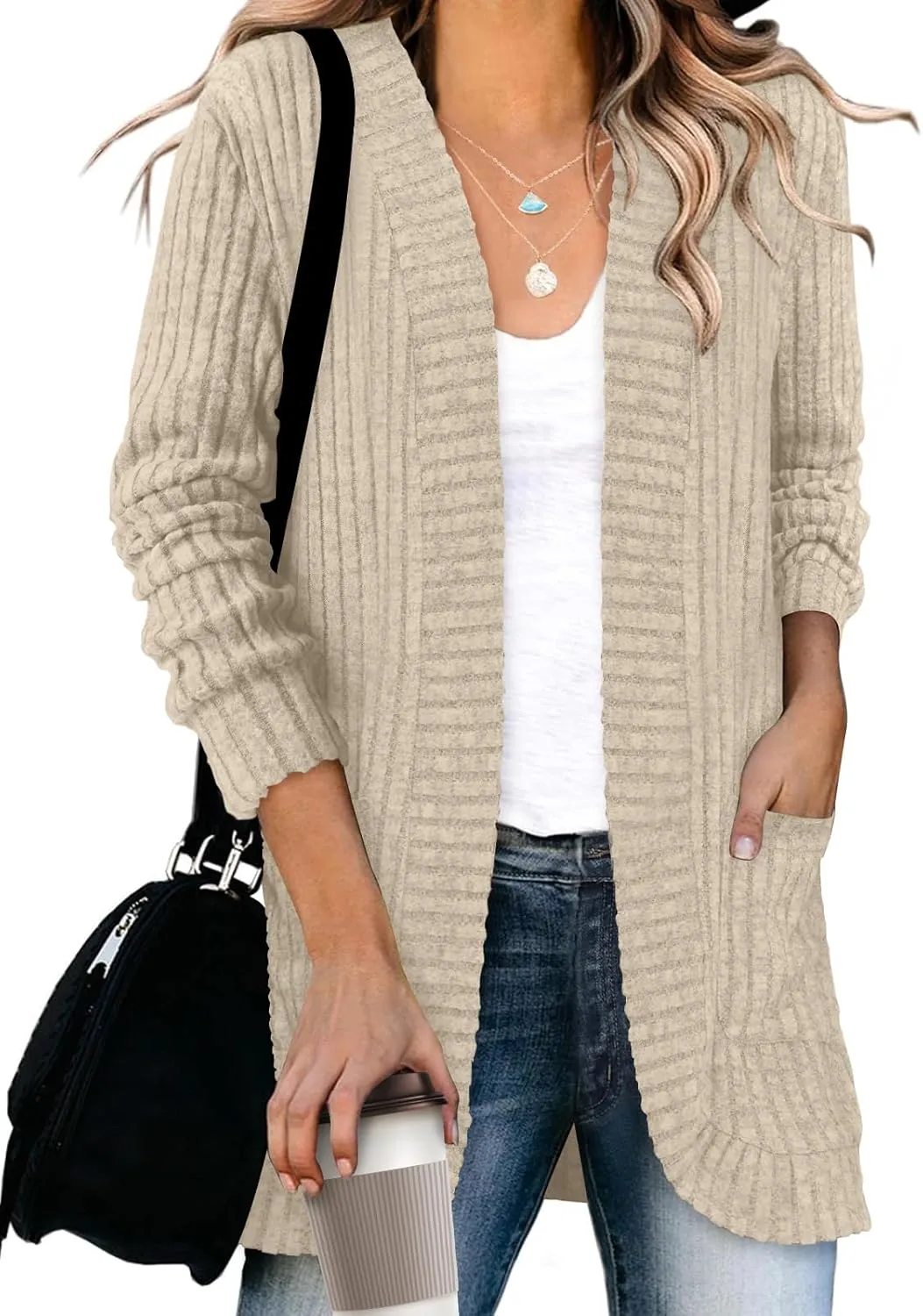 DB MOON Womens Long Cardigan Lightweight Sweater Open Front Long Sleeve Outfits with Pockets