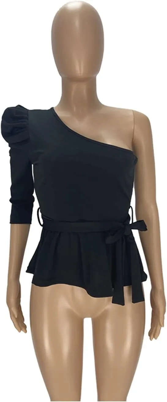 Ekaliy Women Sexy One Shoulder Sleeveless Bodycon High Low Asymmetrical Ruffle Tunics Blouse Shirt Top Dress