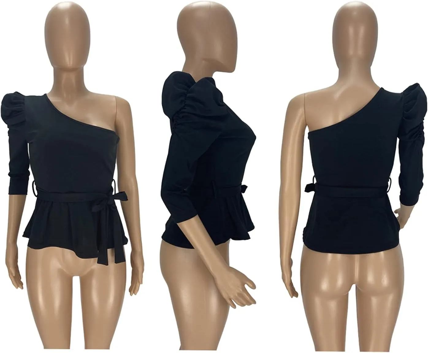 Ekaliy Women Sexy One Shoulder Sleeveless Bodycon High Low Asymmetrical Ruffle Tunics Blouse Shirt Top Dress