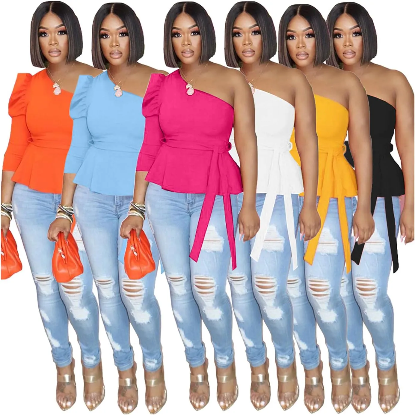 Ekaliy Women Sexy One Shoulder Sleeveless Bodycon High Low Asymmetrical Ruffle Tunics Blouse Shirt Top Dress