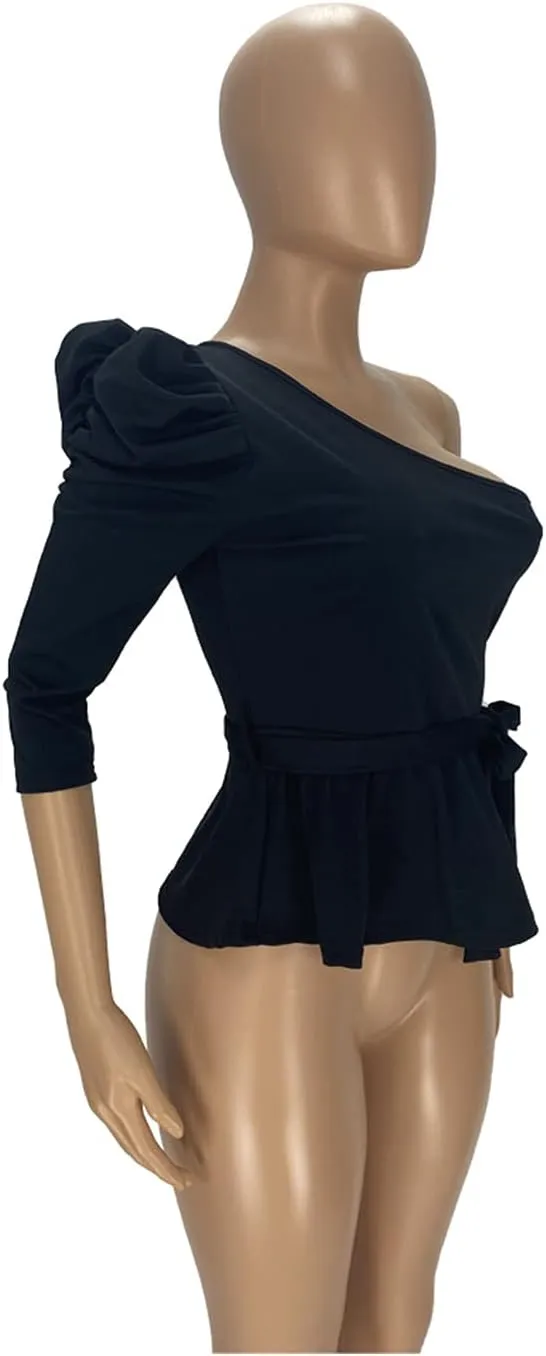 Ekaliy Women Sexy One Shoulder Sleeveless Bodycon High Low Asymmetrical Ruffle Tunics Blouse Shirt Top Dress