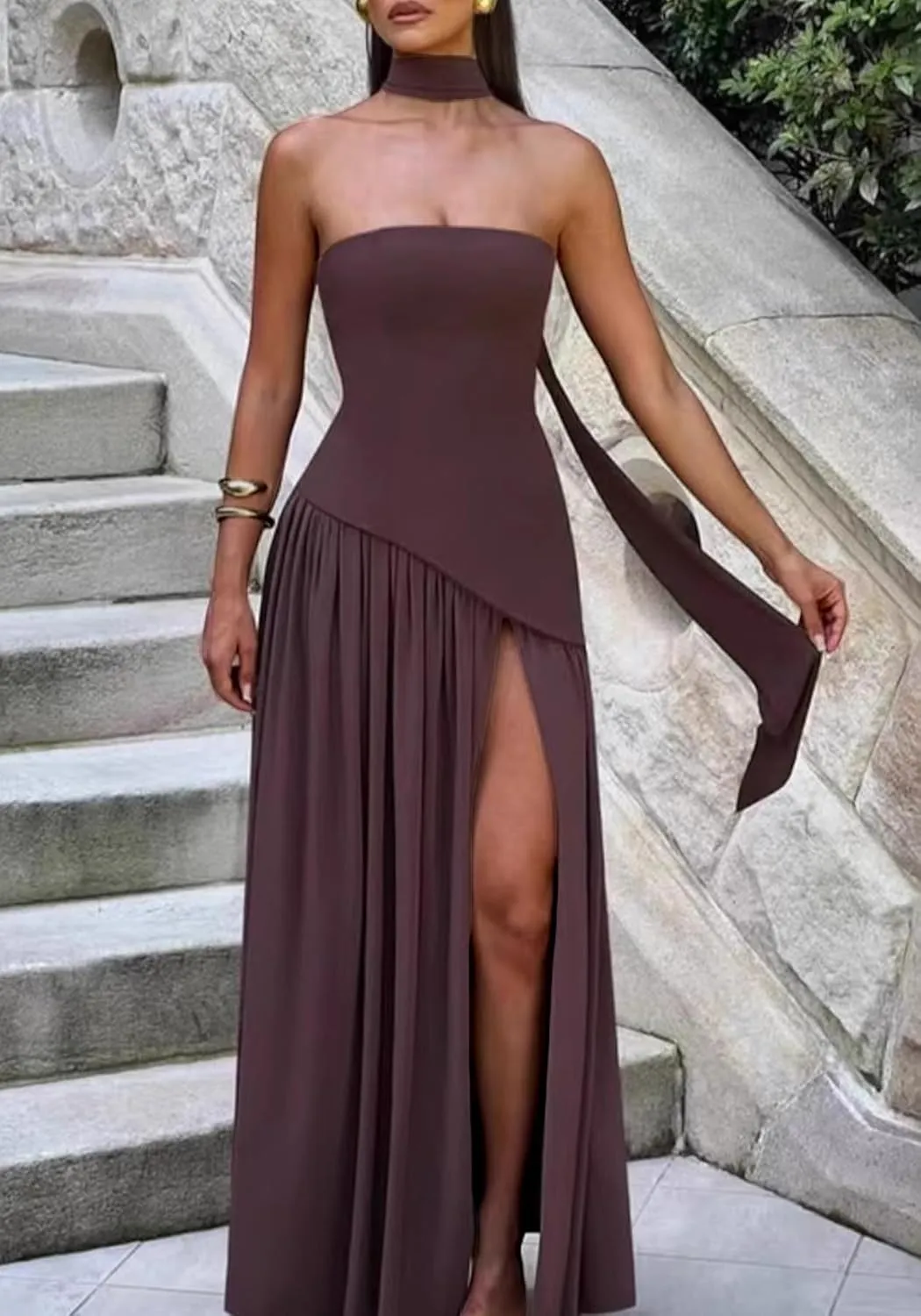 Famnbro Womens Tube Dress Strapless Sexy Off Shoulder Side Slit Going Out Casual Elegant Club Party Maxi Dresses