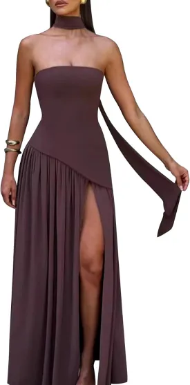 Famnbro Womens Tube Dress Strapless Sexy Off Shoulder Side Slit Going Out Casual Elegant Club Party Maxi Dresses