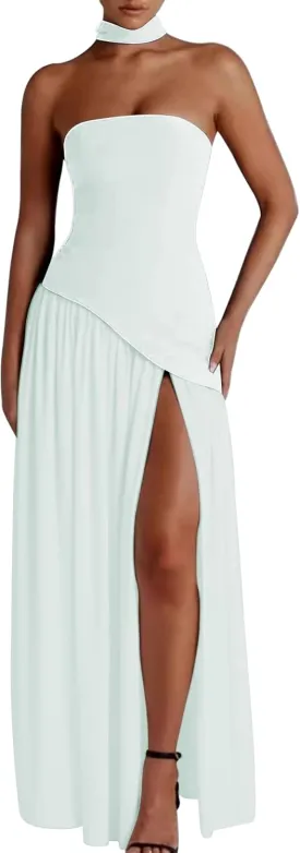 Famnbro Womens Tube Dress Strapless Sexy Off Shoulder Side Slit Going Out Casual Elegant Club Party Maxi Dresses