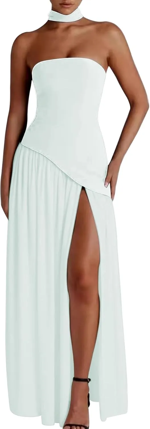 Famnbro Womens Tube Dress Strapless Sexy Off Shoulder Side Slit Going Out Casual Elegant Club Party Maxi Dresses
