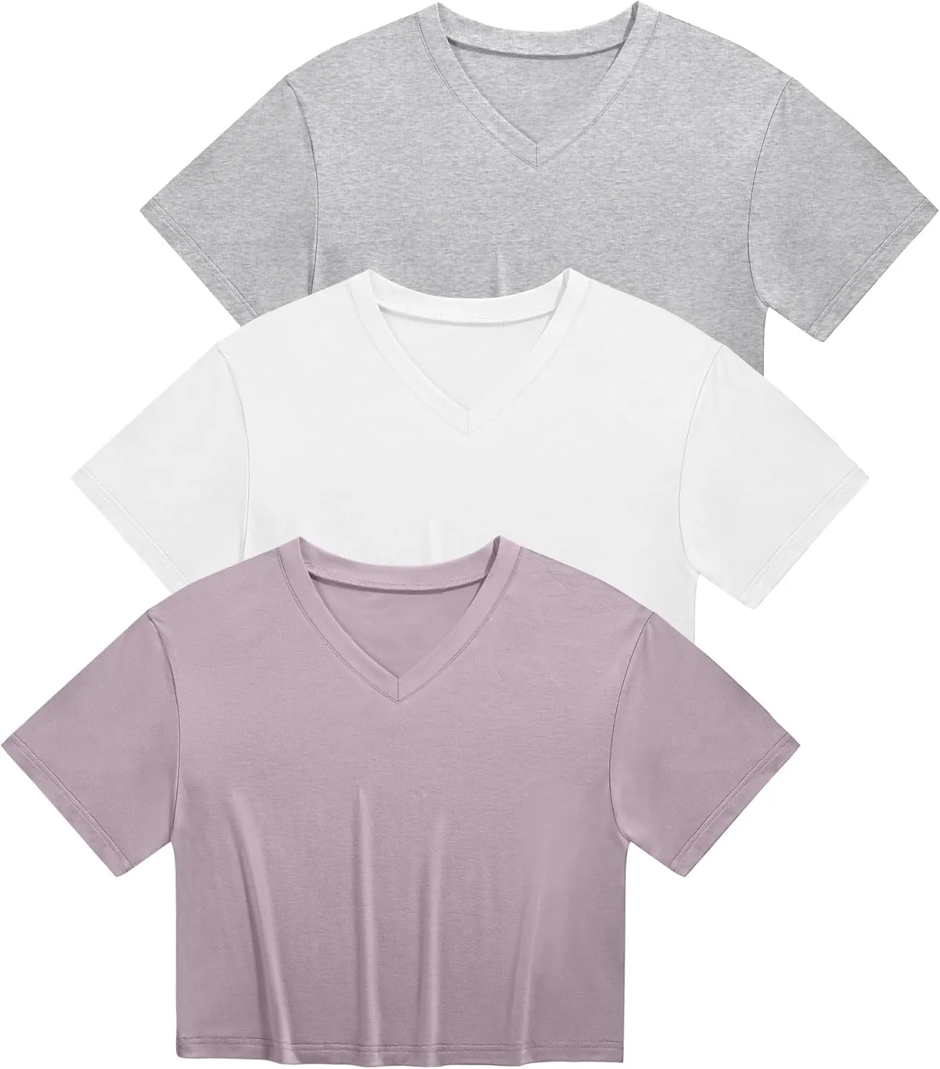 Ficerd 3 Pack Cotton Women's V Neck Crop Tops Half Sleeve Drop Shoulder Basics Cropped Top Boxy Tees for Girls