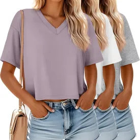 Ficerd 3 Pack Cotton Women's V Neck Crop Tops Half Sleeve Drop Shoulder Basics Cropped Top Boxy Tees for Girls