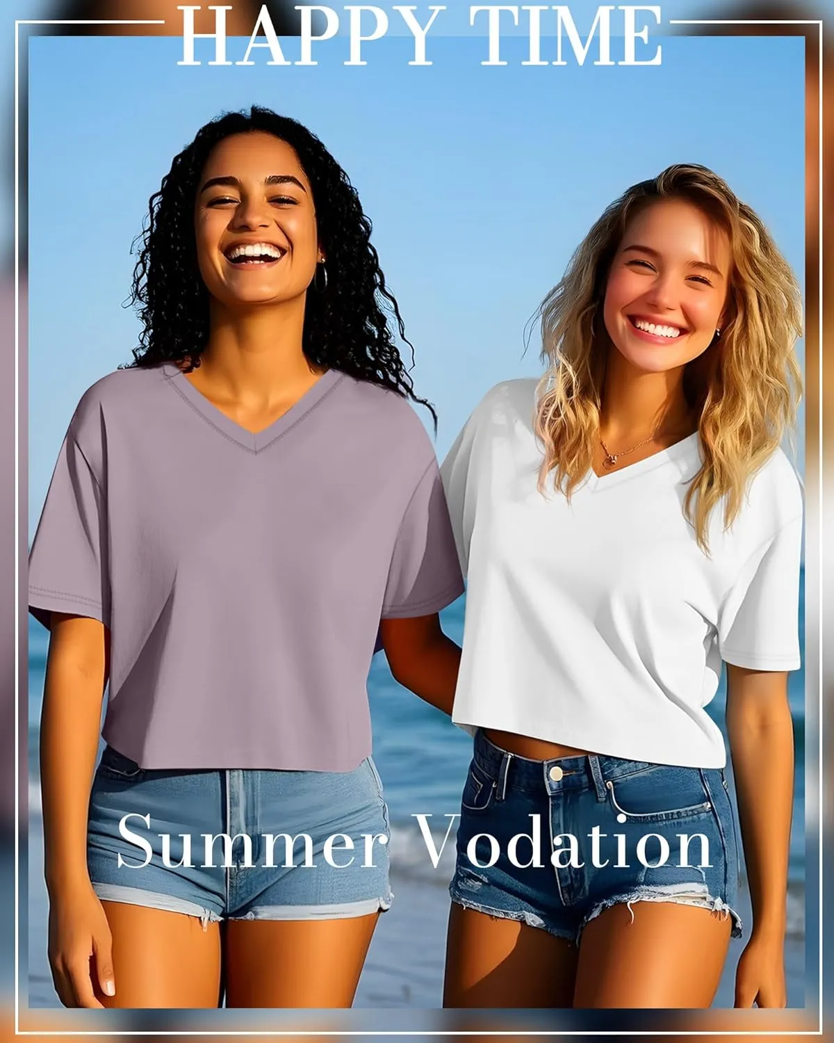 Ficerd 3 Pack Cotton Women's V Neck Crop Tops Half Sleeve Drop Shoulder Basics Cropped Top Boxy Tees for Girls