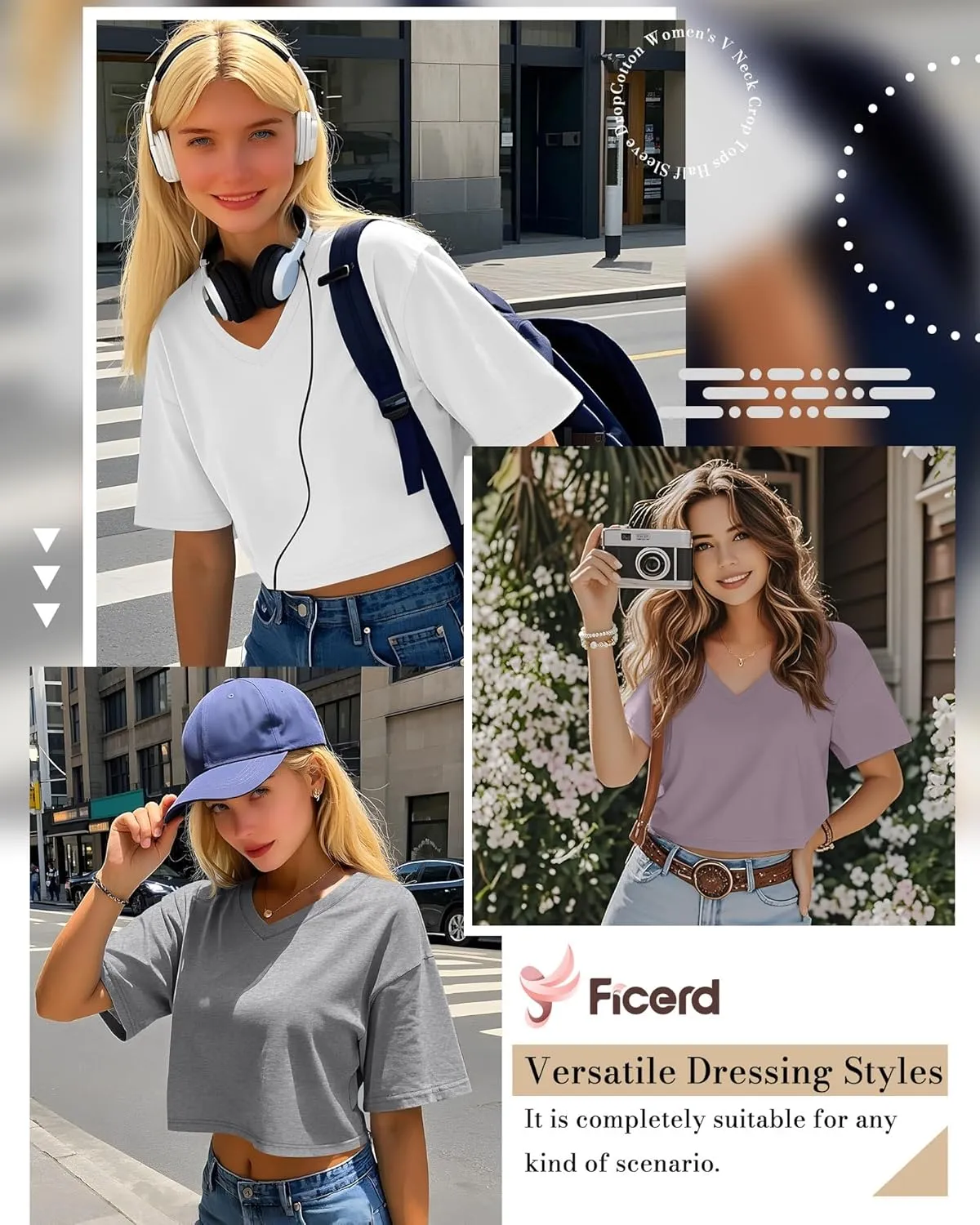 Ficerd 3 Pack Cotton Women's V Neck Crop Tops Half Sleeve Drop Shoulder Basics Cropped Top Boxy Tees for Girls