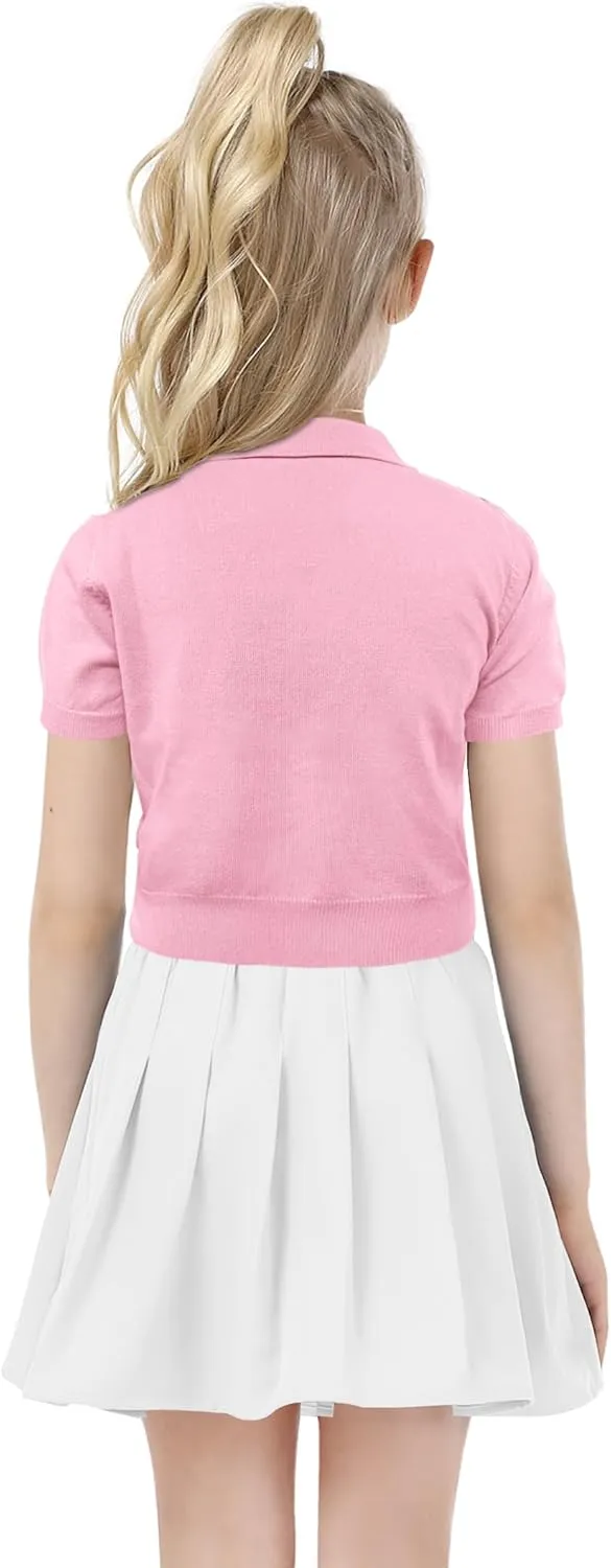 Girls Short Sleeve Polo Shirt V Neck Button Down Shirts Summer Knit School Uniform Crop Tops