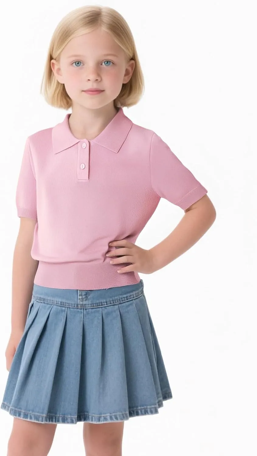 Girls Short Sleeve Polo Shirt V Neck Button Down Shirts Summer Knit School Uniform Crop Tops