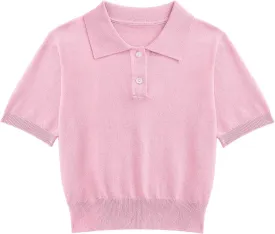 Girls Short Sleeve Polo Shirt V Neck Button Down Shirts Summer Knit School Uniform Crop Tops