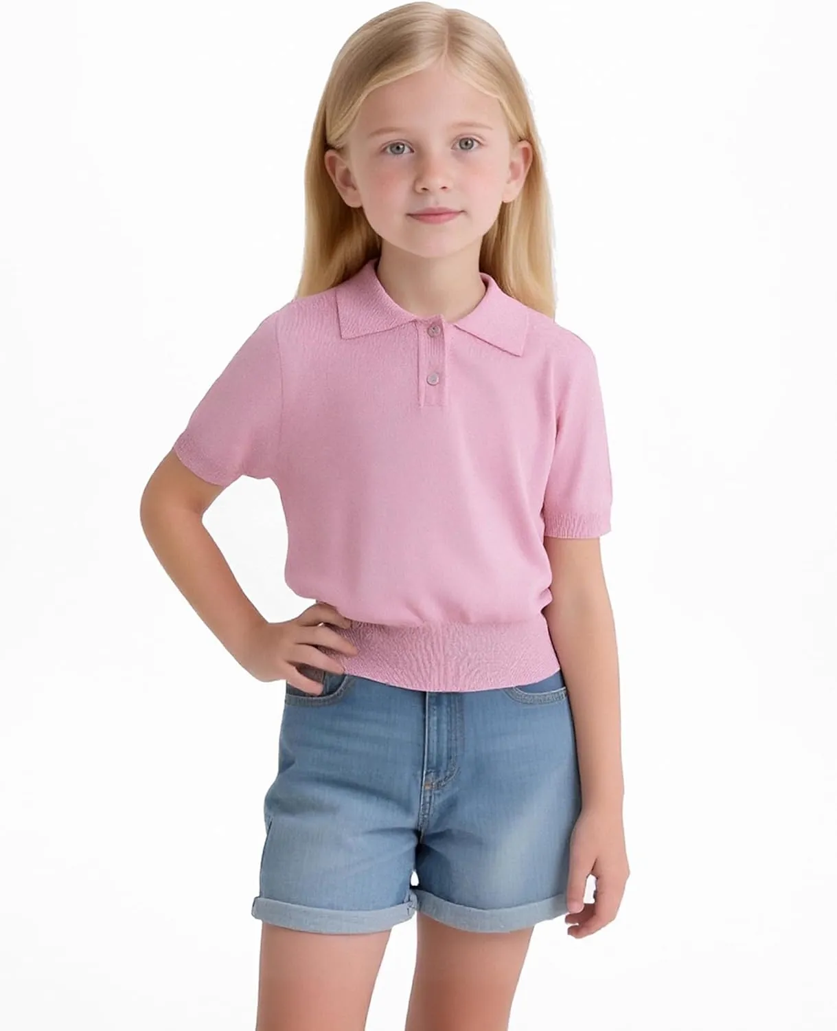 Girls Short Sleeve Polo Shirt V Neck Button Down Shirts Summer Knit School Uniform Crop Tops