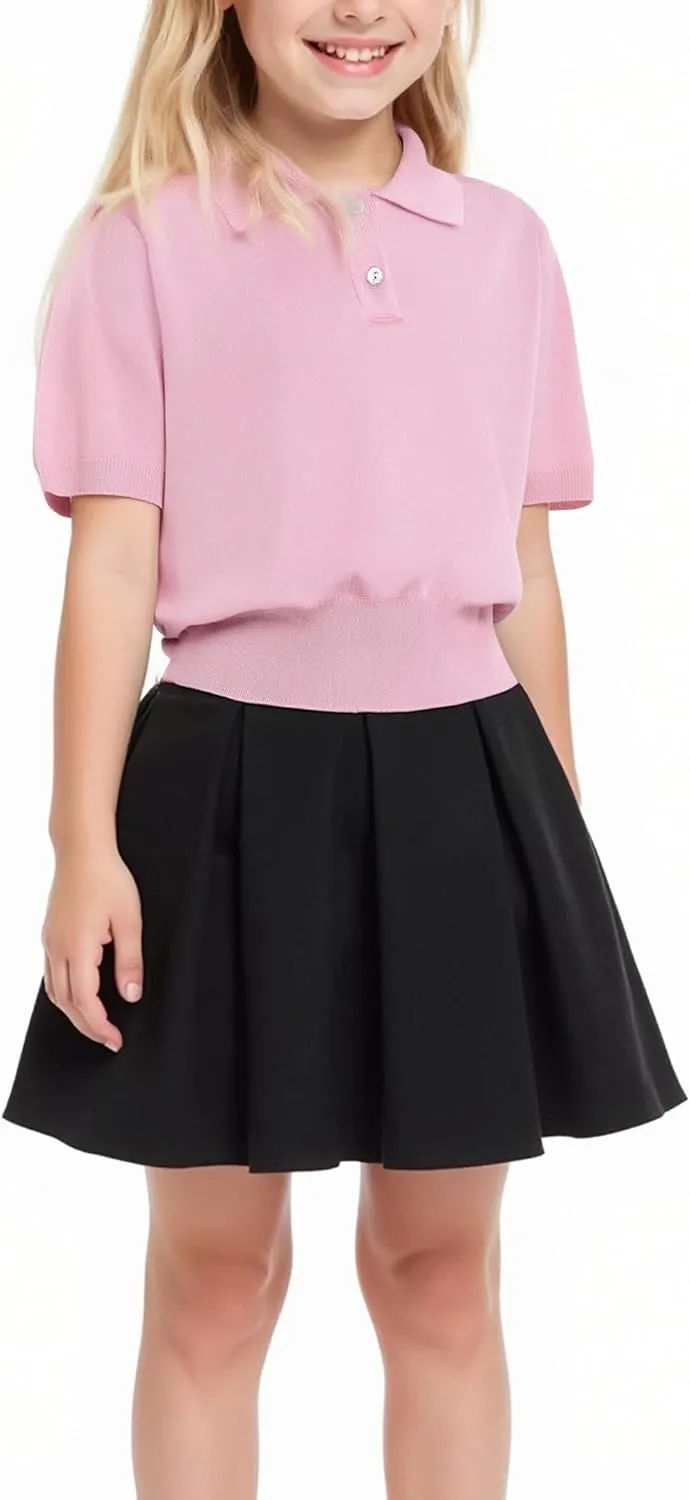 Girls Short Sleeve Polo Shirt V Neck Button Down Shirts Summer Knit School Uniform Crop Tops