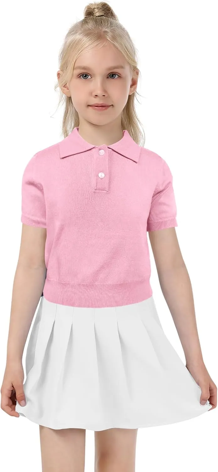 Girls Short Sleeve Polo Shirt V Neck Button Down Shirts Summer Knit School Uniform Crop Tops