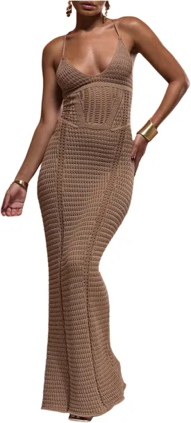 GORGLITTER Women's Crochet Knit Maxi Dress Lace Up Bodycon Beach Cover up Dresses