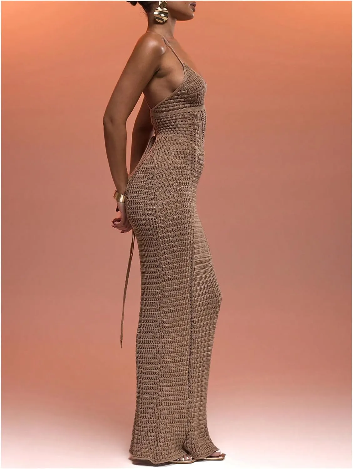 GORGLITTER Women's Crochet Knit Maxi Dress Lace Up Bodycon Beach Cover up Dresses