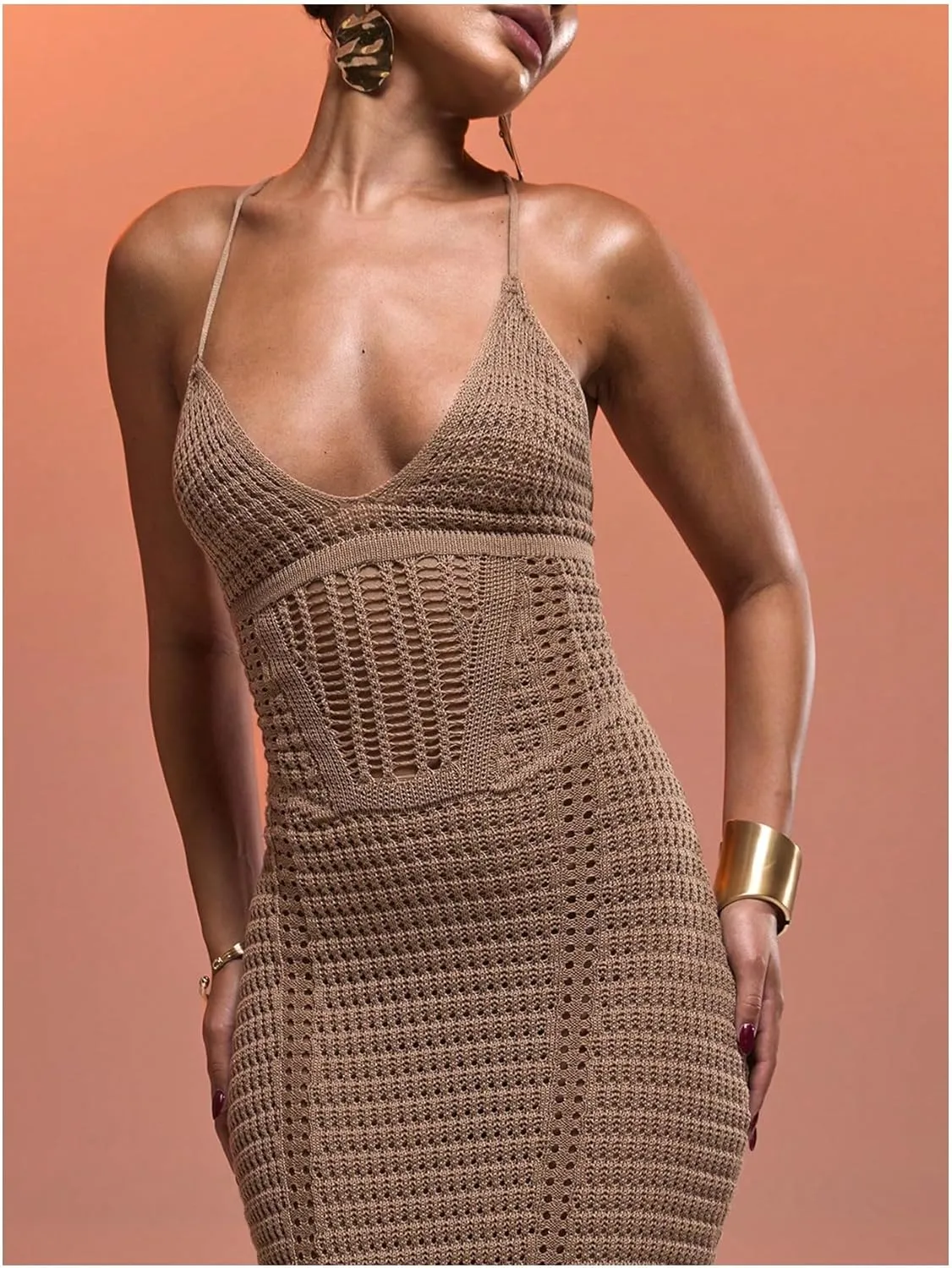 GORGLITTER Women's Crochet Knit Maxi Dress Lace Up Bodycon Beach Cover up Dresses