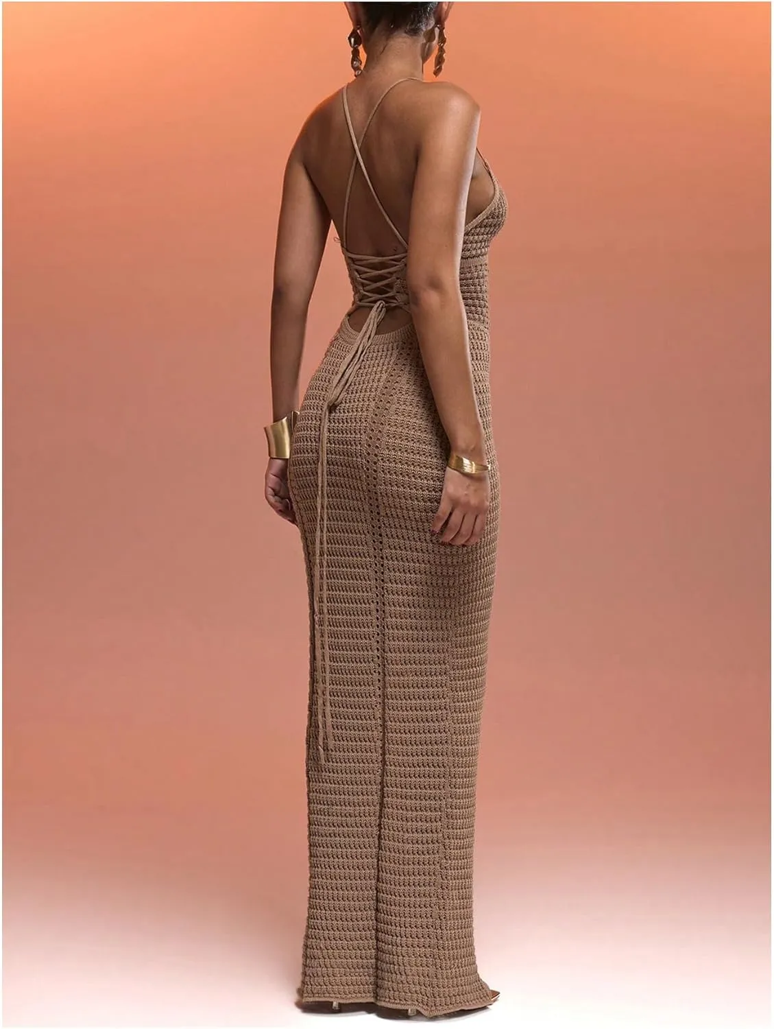 GORGLITTER Women's Crochet Knit Maxi Dress Lace Up Bodycon Beach Cover up Dresses