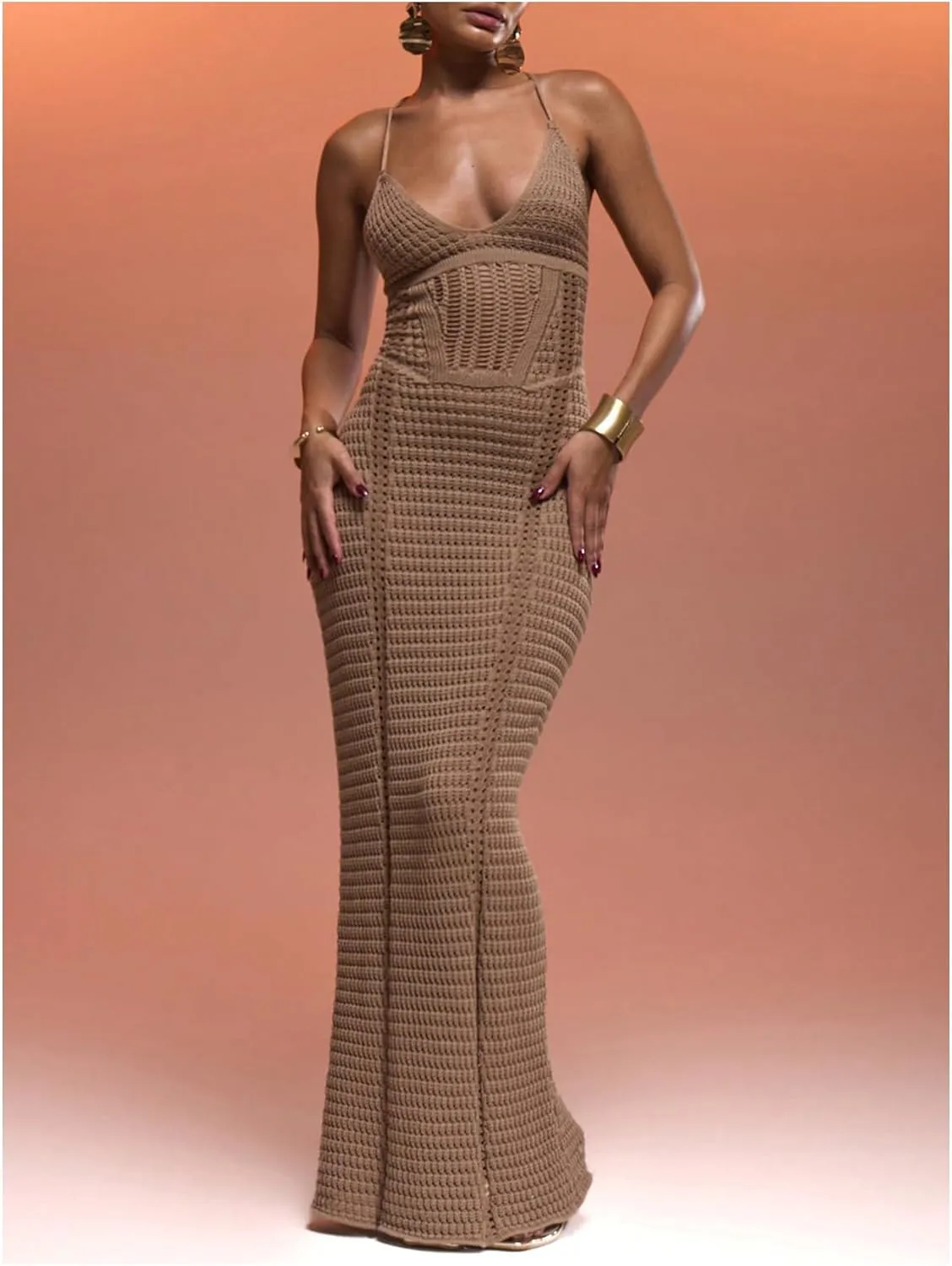 GORGLITTER Women's Crochet Knit Maxi Dress Lace Up Bodycon Beach Cover up Dresses