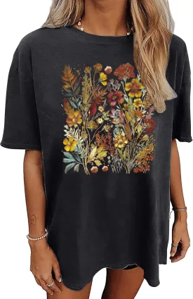 Graphic Shirts for Women Oversized Tshirt Flower Graphic Tee Boho Wildflower Christian Casual Summer Tops