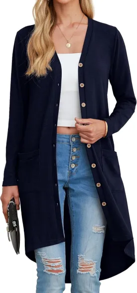 GRECERELLE Womens Cardigans Lightweight 2025 Long Sleeve Button Down Duster Casual Long Cardigan Outerwear with Pockets