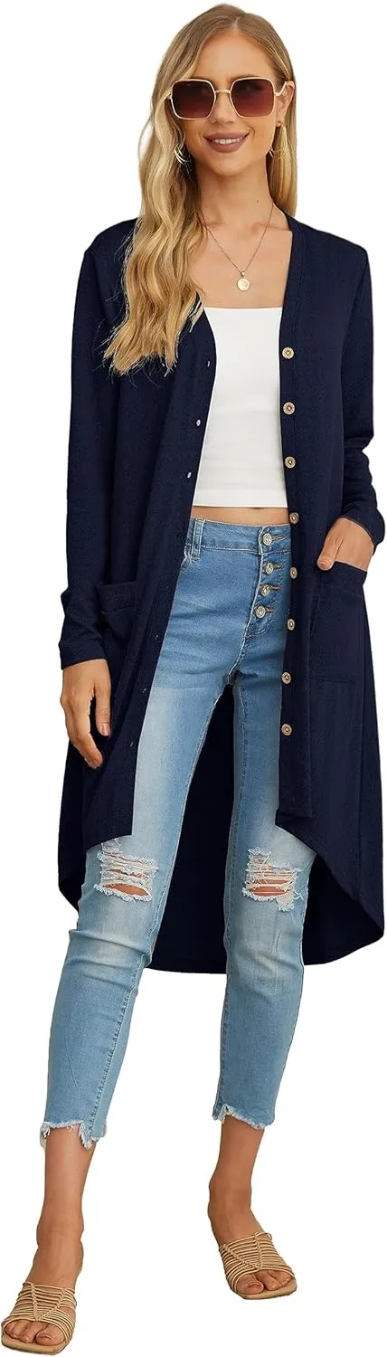 GRECERELLE Womens Cardigans Lightweight 2025 Long Sleeve Button Down Duster Casual Long Cardigan Outerwear with Pockets