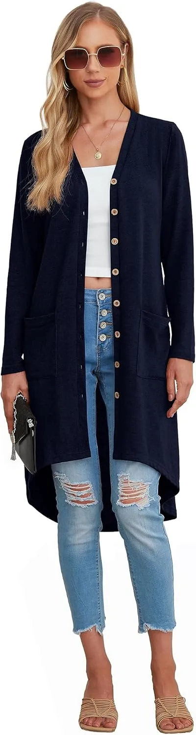 GRECERELLE Womens Cardigans Lightweight 2025 Long Sleeve Button Down Duster Casual Long Cardigan Outerwear with Pockets