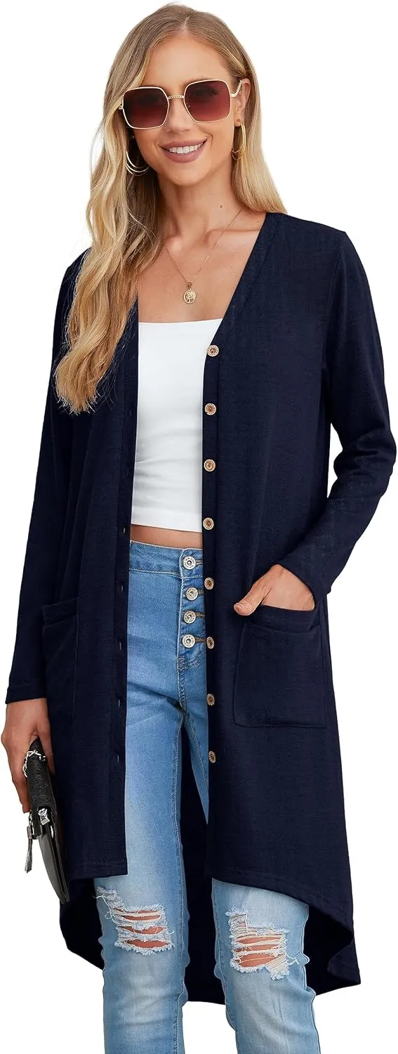 GRECERELLE Womens Cardigans Lightweight 2025 Long Sleeve Button Down Duster Casual Long Cardigan Outerwear with Pockets