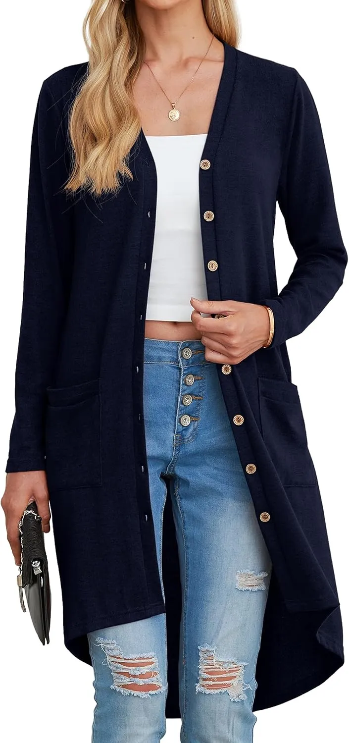 GRECERELLE Womens Cardigans Lightweight 2025 Long Sleeve Button Down Duster Casual Long Cardigan Outerwear with Pockets
