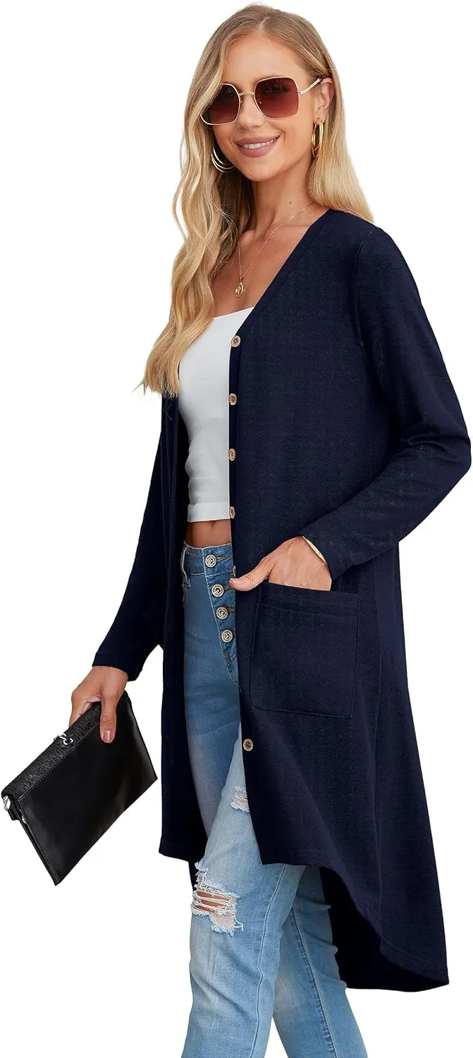GRECERELLE Womens Cardigans Lightweight 2025 Long Sleeve Button Down Duster Casual Long Cardigan Outerwear with Pockets