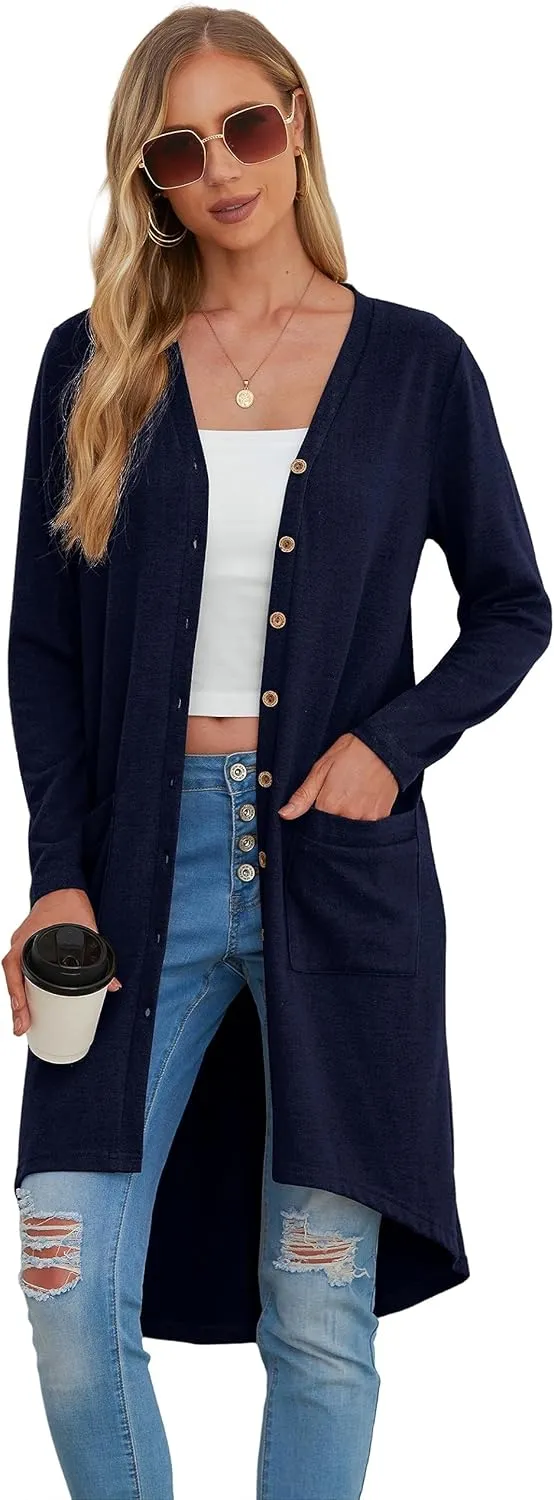 GRECERELLE Womens Cardigans Lightweight 2025 Long Sleeve Button Down Duster Casual Long Cardigan Outerwear with Pockets