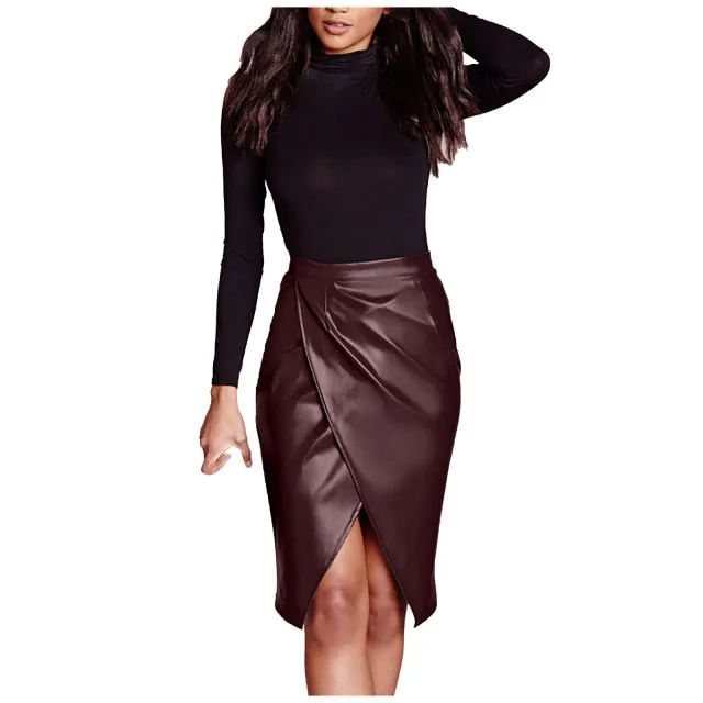 High Waist Faux Leather Pleated Skirt