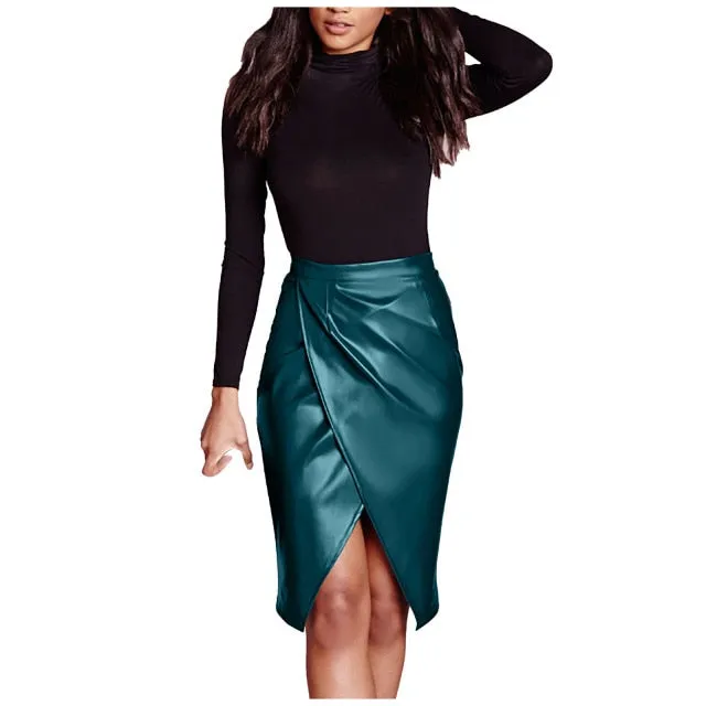 High Waist Faux Leather Pleated Skirt