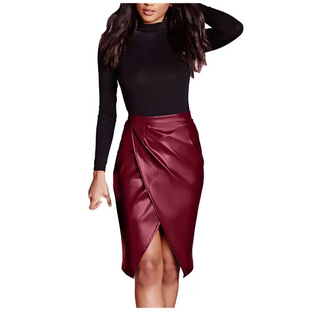 High Waist Faux Leather Pleated Skirt
