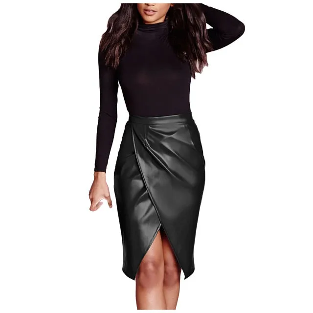 High Waist Faux Leather Pleated Skirt