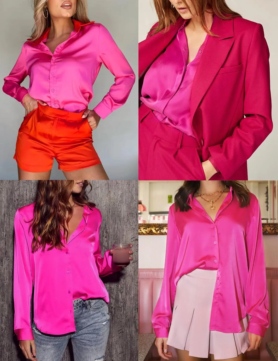 HOTOUCH Women Satin Silk Button Down Shirt Ladies Long Sleeve Tops V Neck Loose Blouse Dressy Business Casual Work Tunic Fall