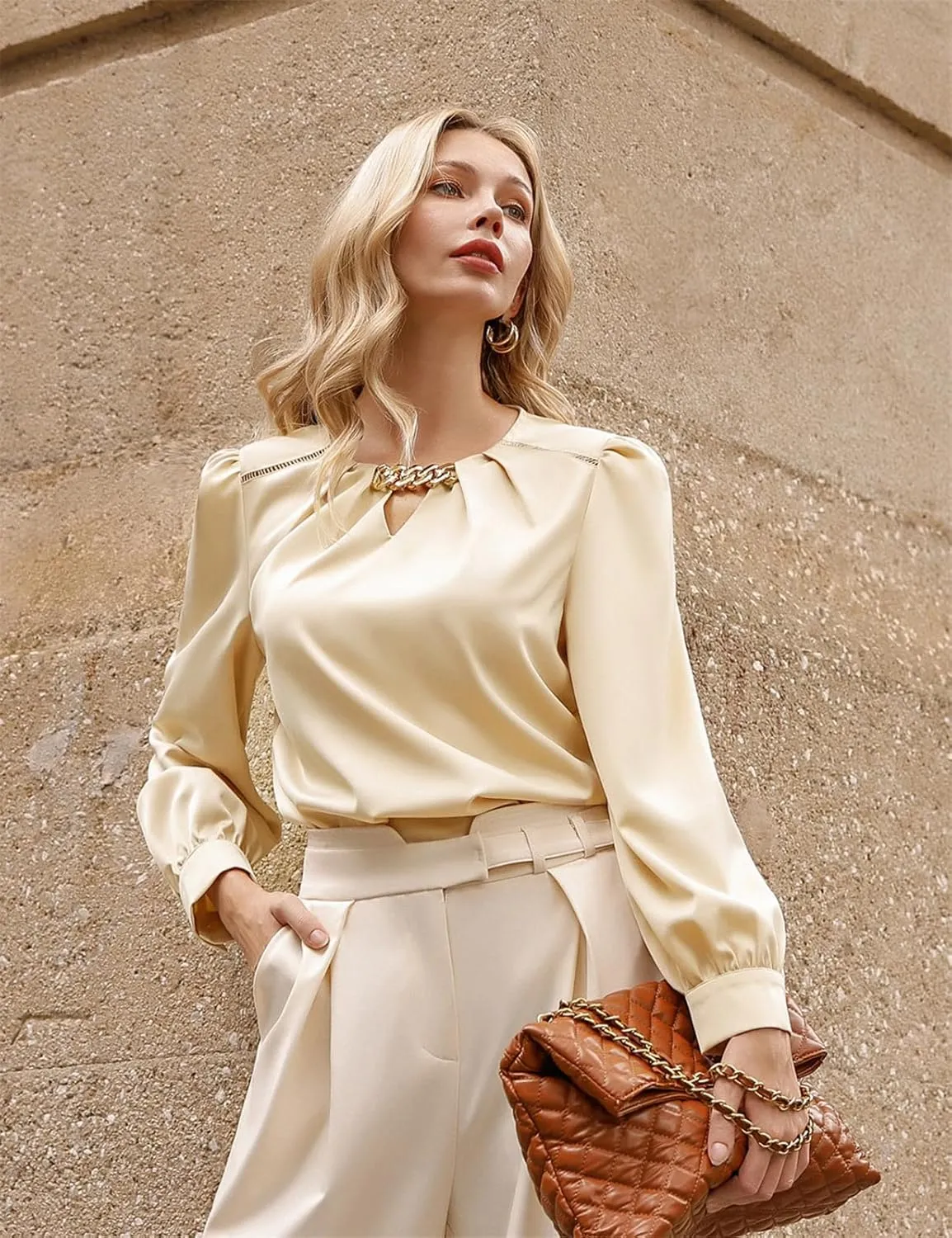 JASAMBAC Women's Satin Silk Blouse 2025 Keyhole Neck Long Sleeve Tops Elegant Casual Office Work Dressy Shirts Pullover Tops