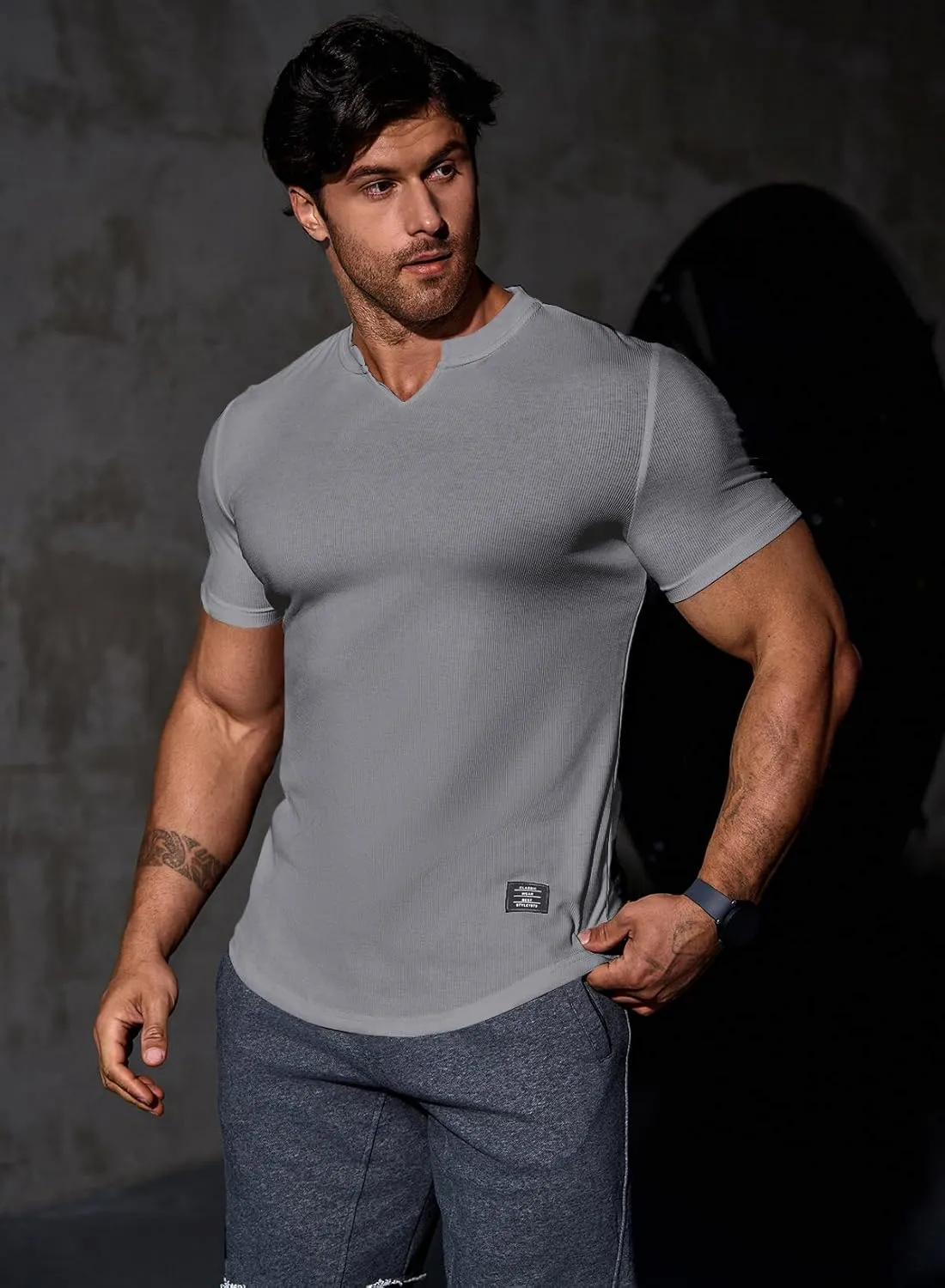 JMIERR Mens Muscle Slim T Shirt V-Neck Longline Henley Shirt Gym Workout Athletic Tee Shirts