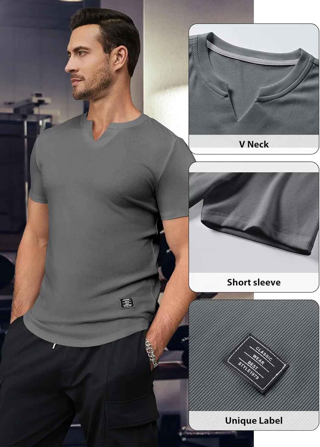 JMIERR Mens Muscle Slim T Shirt V-Neck Longline Henley Shirt Gym Workout Athletic Tee Shirts