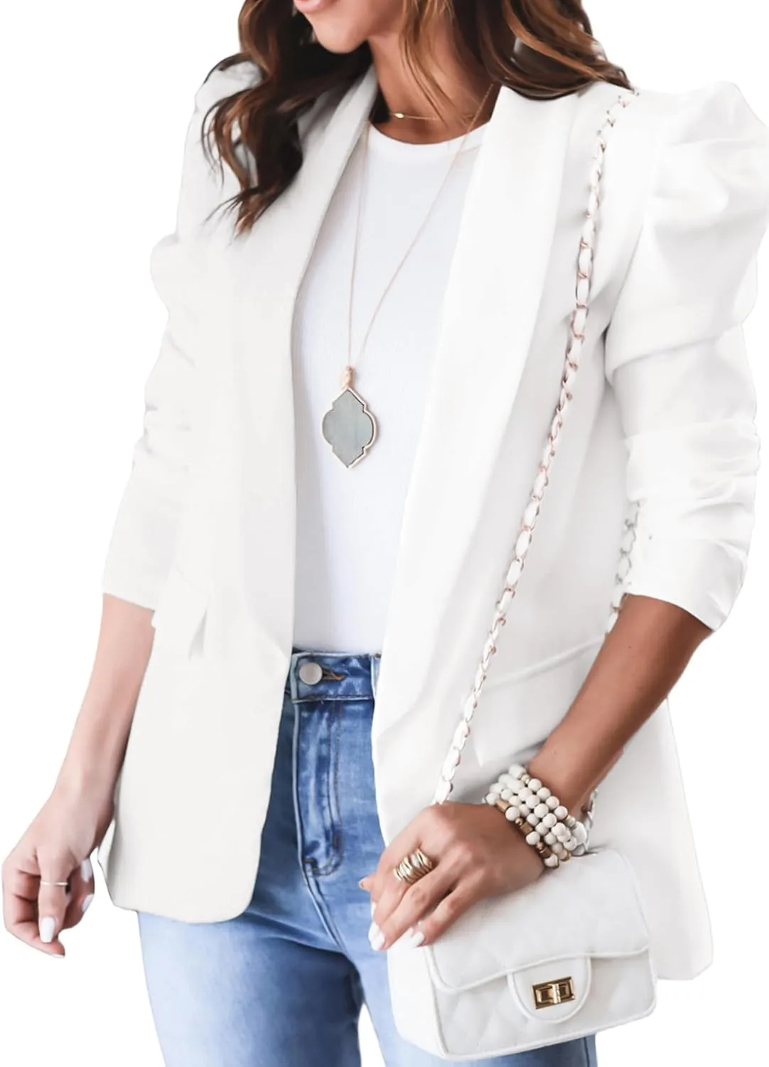KIRUNDO Women's 2025 Spring Fall Casual Blazers Puff Sleeve Lapel Open Front Work Suit Office Blazer Jackets with Pockets
