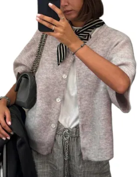 KMBANGI Women Knitted Cropped Blouse Short Sleeve Button Knit Shirt Crop Cardigan Y2k Open Front Knitwear Tops Dressy