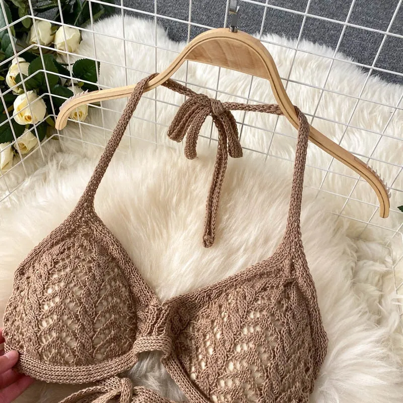 Knitted Wide Leg Pant   Backless Top Set (Camel , White and Black)