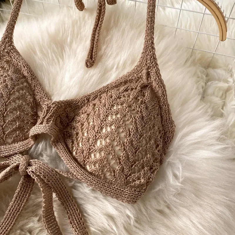 Knitted Wide Leg Pant   Backless Top Set (Camel , White and Black)