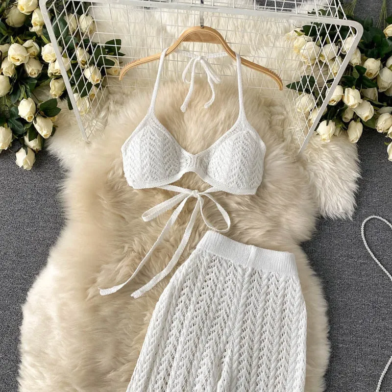 Knitted Wide Leg Pant   Backless Top Set (Camel , White and Black)