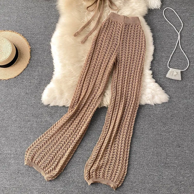 Knitted Wide Leg Pant   Backless Top Set (Camel , White and Black)