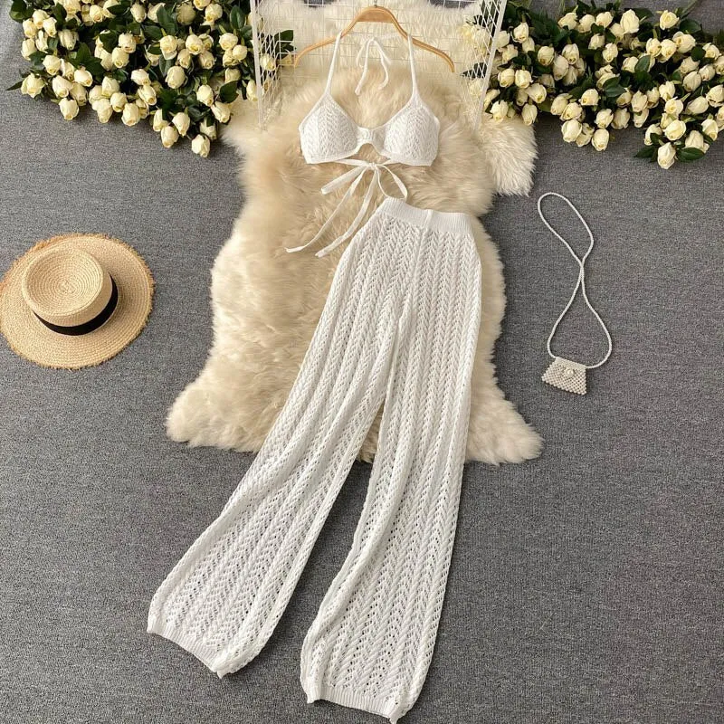 Knitted Wide Leg Pant   Backless Top Set (Camel , White and Black)