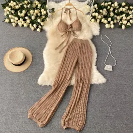 Knitted Wide Leg Pant   Backless Top Set (Camel , White and Black)