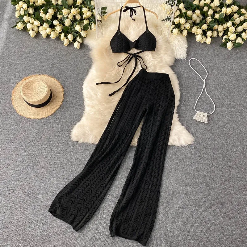 Knitted Wide Leg Pant   Backless Top Set (Camel , White and Black)